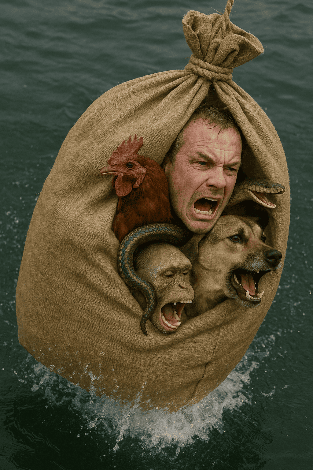 Historical Roman depiction of the Poena Cullei punishment — condemned sewn in a sack